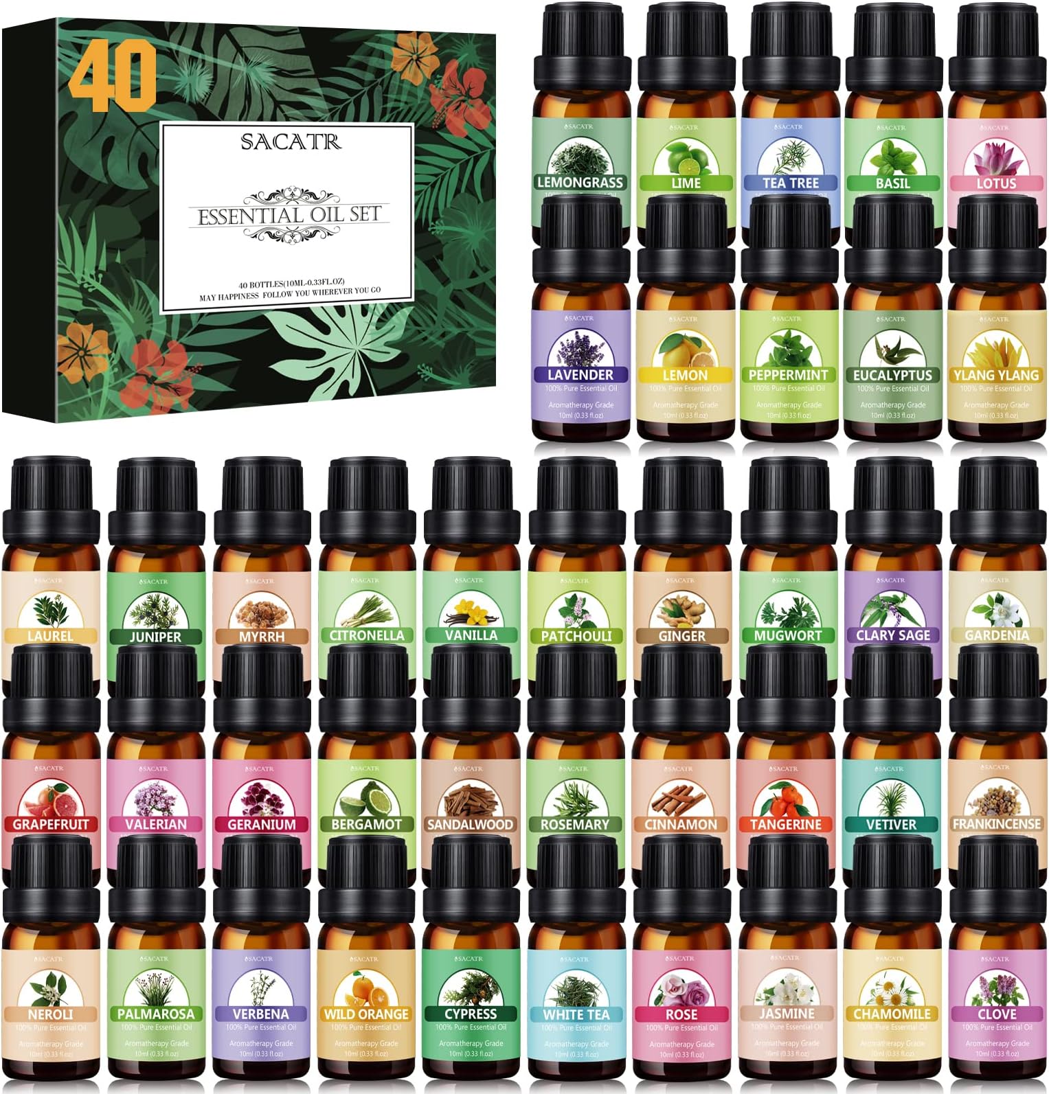 SACATR 40 Bottles Premium Essential Oils Set -100% Natural Essential Oils-Perfect for Diffuser, Humidifier,Aromatherapy, Massage,Skin & Hair Care,Soap, Candle Bath Bombs Making(10ML-0.33oz)
