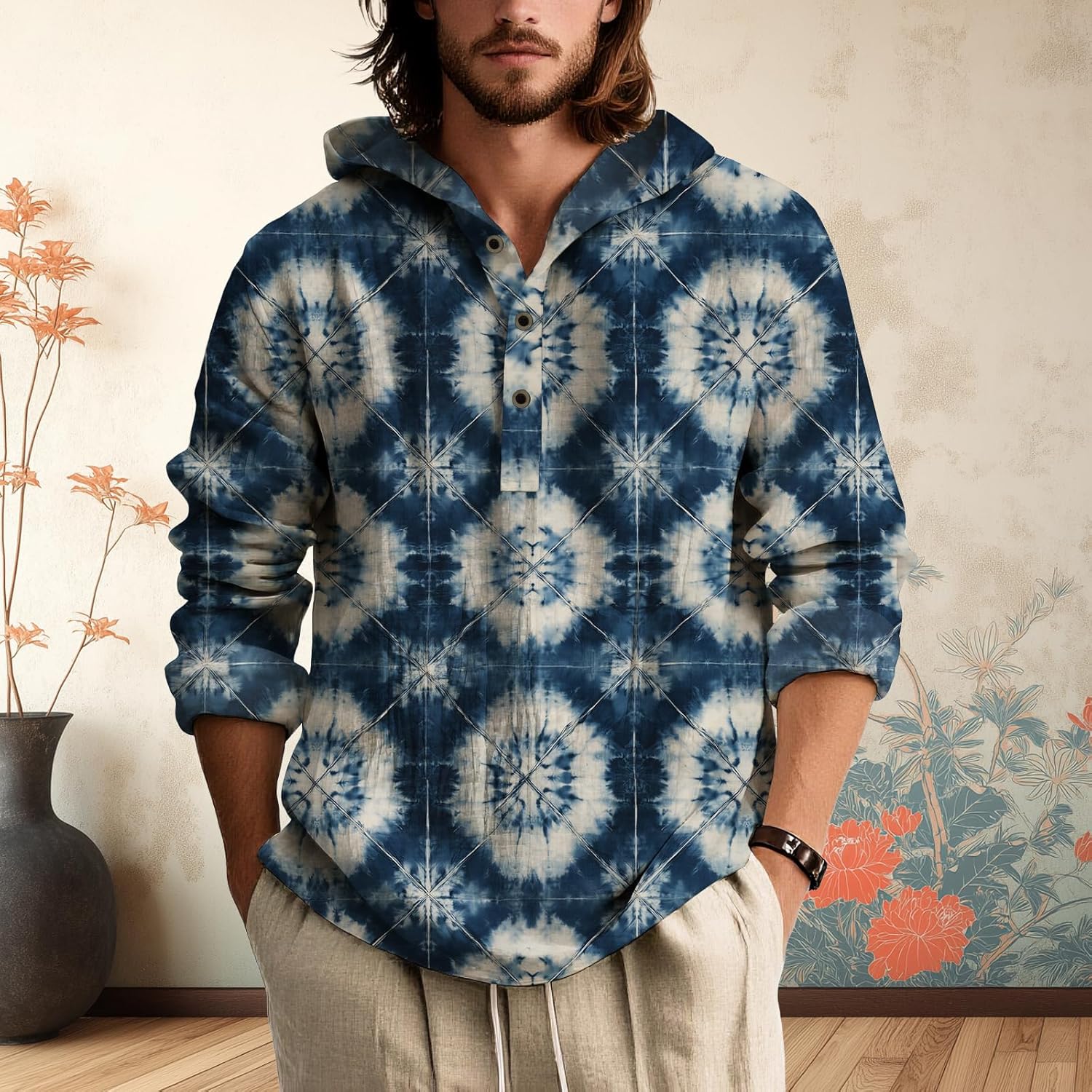 Mens Tie Dye Hooded Long Sleeve Shirt Lightweight Pullover Button Placket Casual Top for Spring Summer Streetwear - Image 3