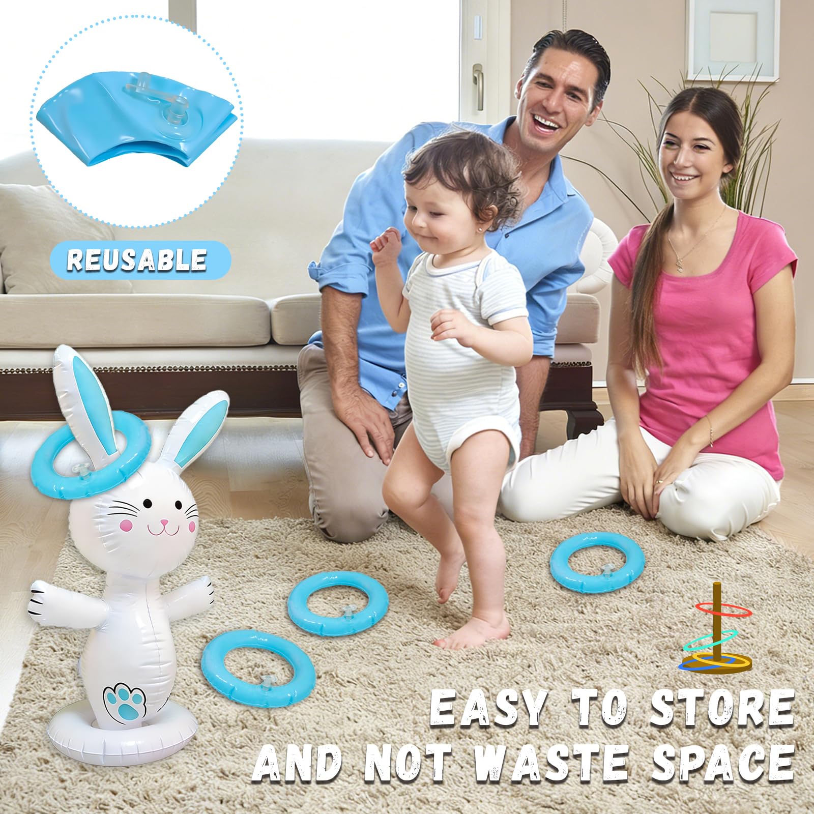 dellyy Jeux de Lancer Lapin Gonflable Pâques, Jeu de Lancer d'Anneaux Gonflable, Lancer de Pâques Gonflable, Intérieur Extérieur Jeux Familial pour Jardin Fête Cadeaux