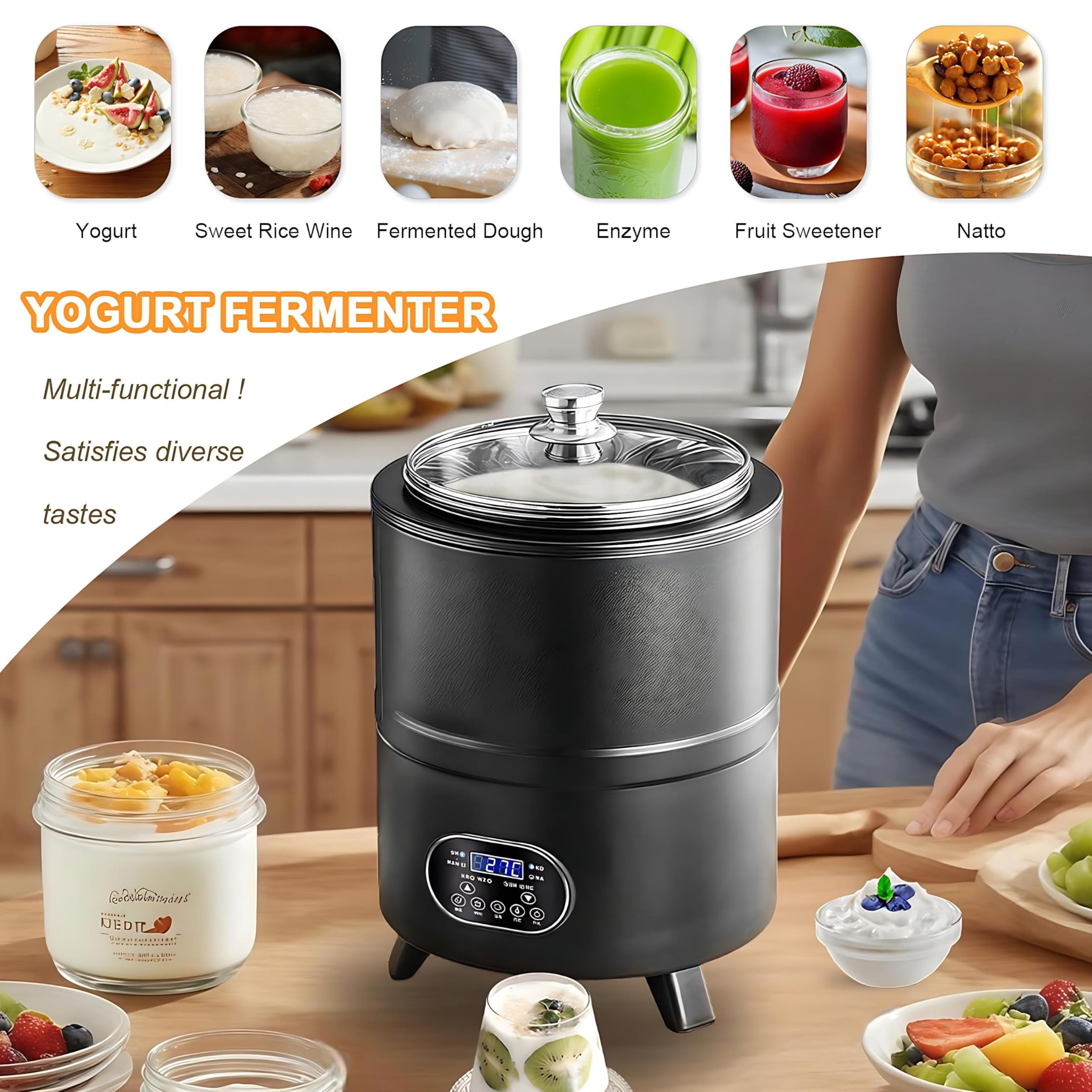 Maszyna do produkcji jogurtu 8L/12L, Jogurtownica z regulowaną temperaturą i timerem, 6 zaprogramowanych menu – Cyfrowa maszyna do produkcji jogurtu greckiego, Stal nierdzewna White-8L