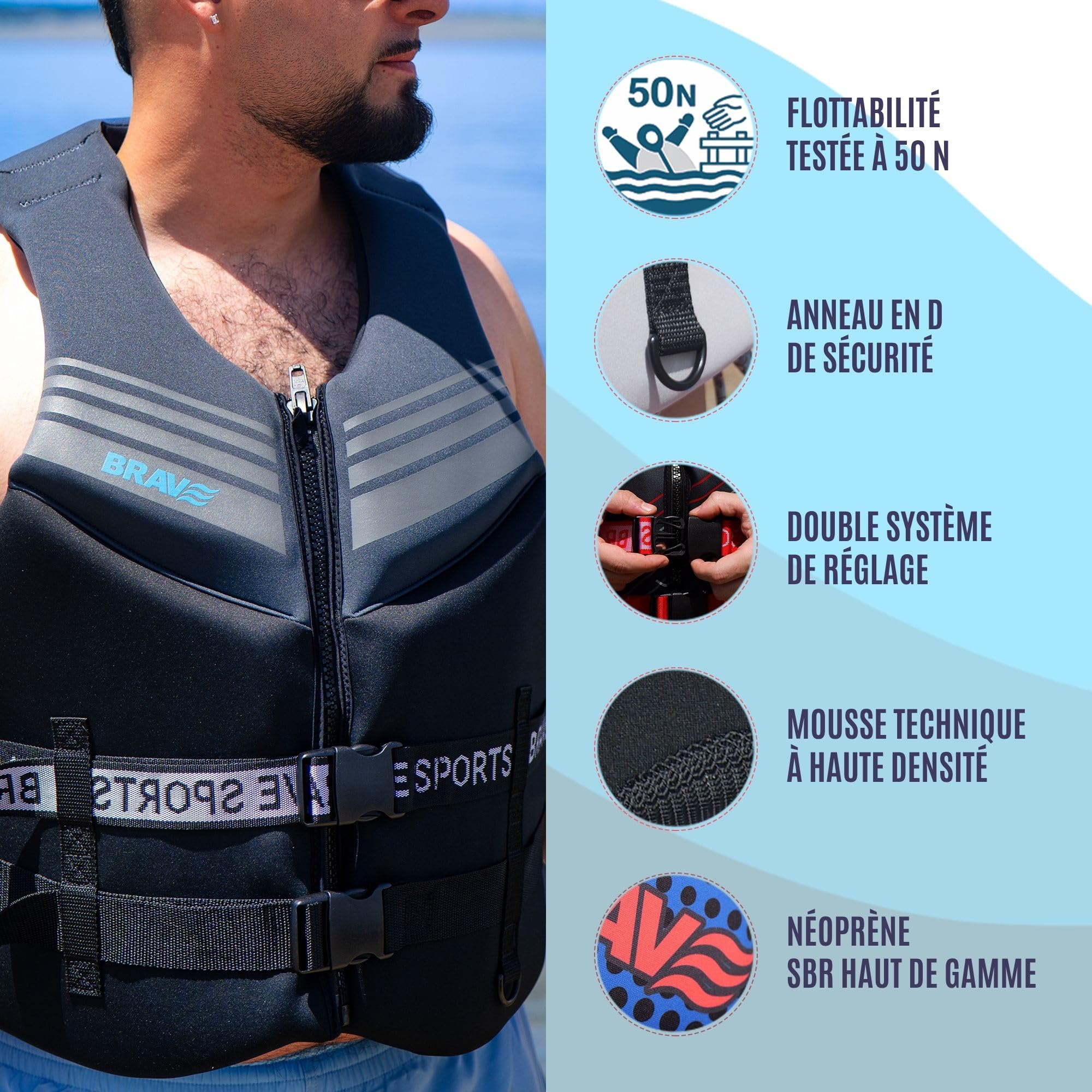 Gilet d'aide à la Flottabilité 50N Certifié pour Adulte – pour Jet Ski, Kayak, Paddle Surf – Néoprène + EPE – Fermeture Éclair, Sangles Réglables