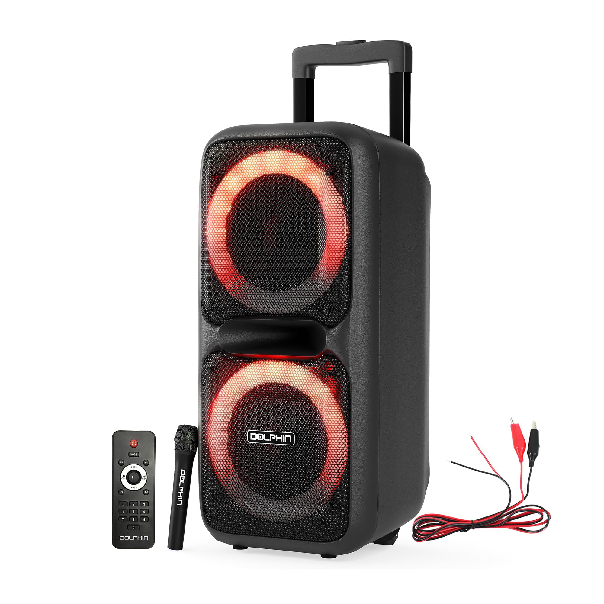 Party Speaker Dolphin SP-2080RBT Dual 8-Inch High Power Portable Bluetooth Wireless Microphone Deep Bass LED Lights USB SD