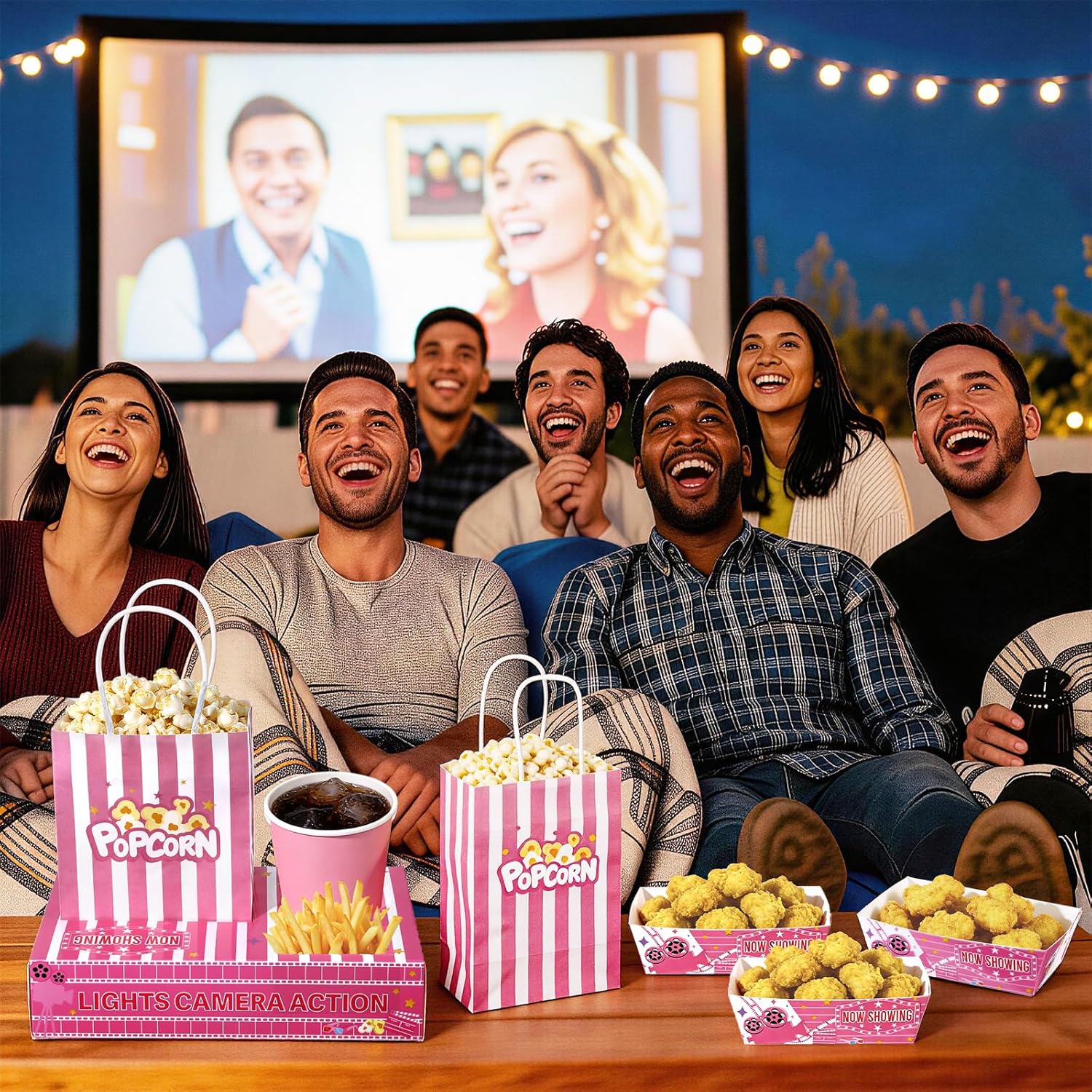 48PCS Pink Movie Night Party Supplies Disposable Snack Holders Movie Night Food Trays Popcorn Bags and Snack Boxes Basket Container Holder Boat Boxes for Cinema Movies Marathon with Family Friends