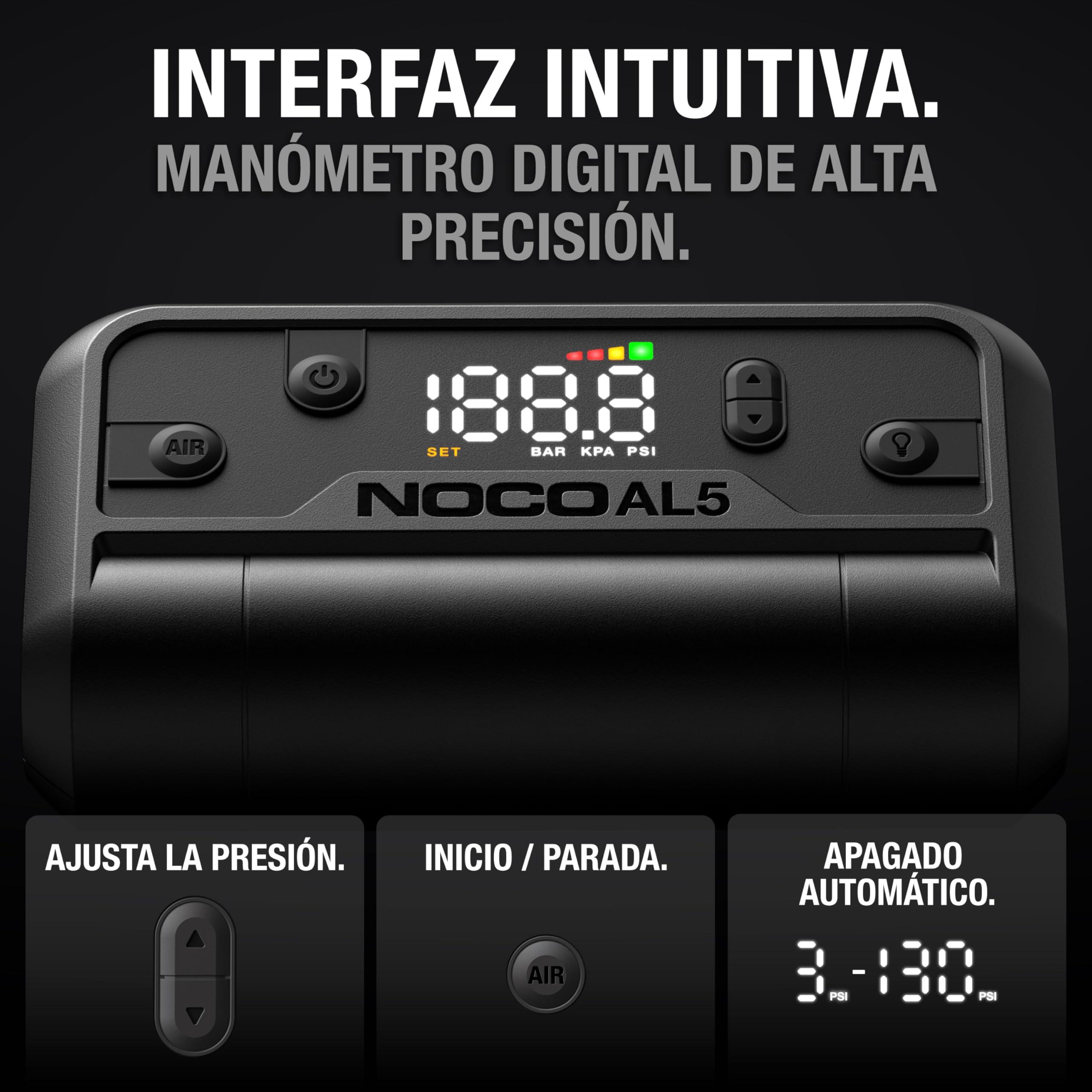 NOCO Air AL5 Inflador de neumáticos inalámbrico 5A Compresor de aire portátil a batería 17 SLPM 0-40 PSI 7 min Manómetro digital Apagado automático