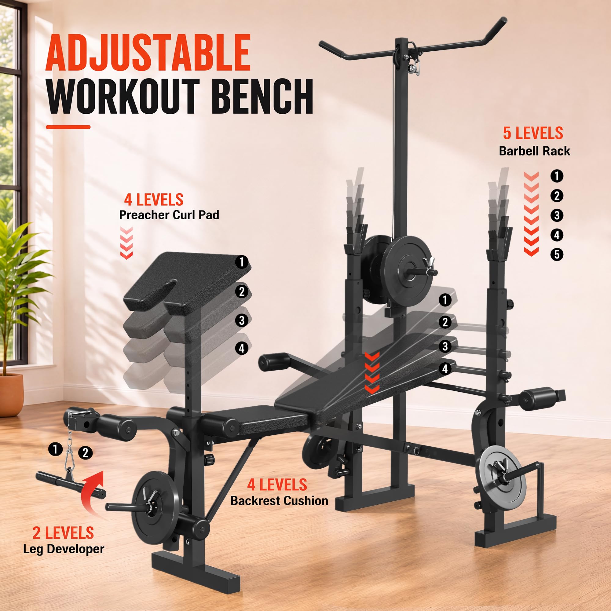 8 in 1 Adjustable Weight Bench Set, Lat Pulldown & Leg Extension Foldable Bench Press Set with Preacher Curl Pad, Chest Fly, Leg Curl, Rack, Full Body Home Gym Strength Training Equipment