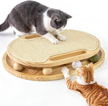 ZOMISIA Cat Scratcher with Ball Track Toy, Sisal Scratch Pad for Indoor Adult Cats, Wooden Interactive Cat Puzzle Toys for Kitten Mental Stimulation Self Play Home Enrichment