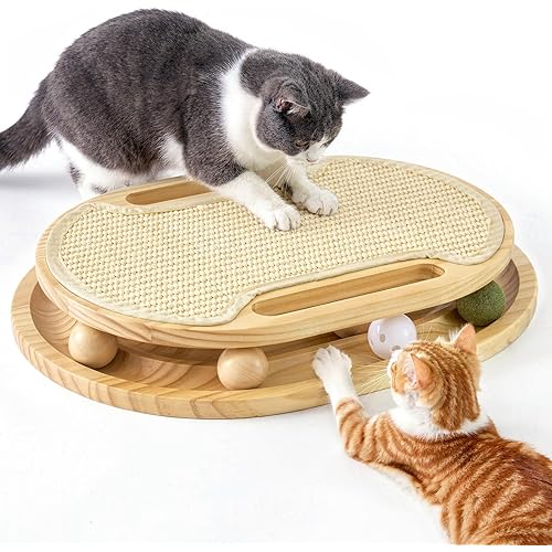 ZOMISIA Cat Scratcher with Ball Track Toy, Large Sisal Scratch Pad for Indoor Adult Cats, Wooden Interactive Cat Puzzle Toys for Kitten Mental Stimulation Self Play Home Enrichment