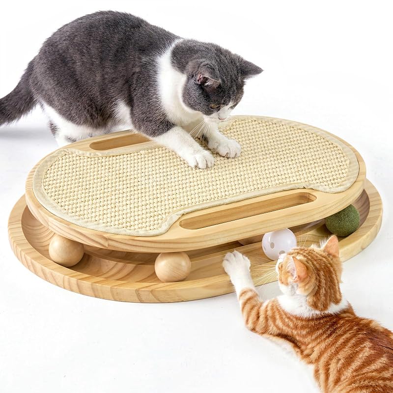 Tapete Arranhador para Gatos com Pista de Bolas em Madeira de Pinho e Sisal ZOMISIA, USC1003