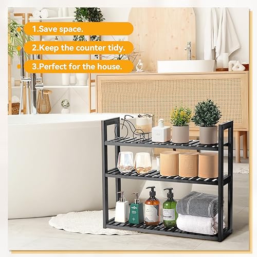 Miniatura 5 de MEHL CLUB Estante de madera de 3 niveles, con capa ajustable, estantes multifuncionales para baño, sala de estar, cocina, tamaño 23.6 x 21.2 x 5.9