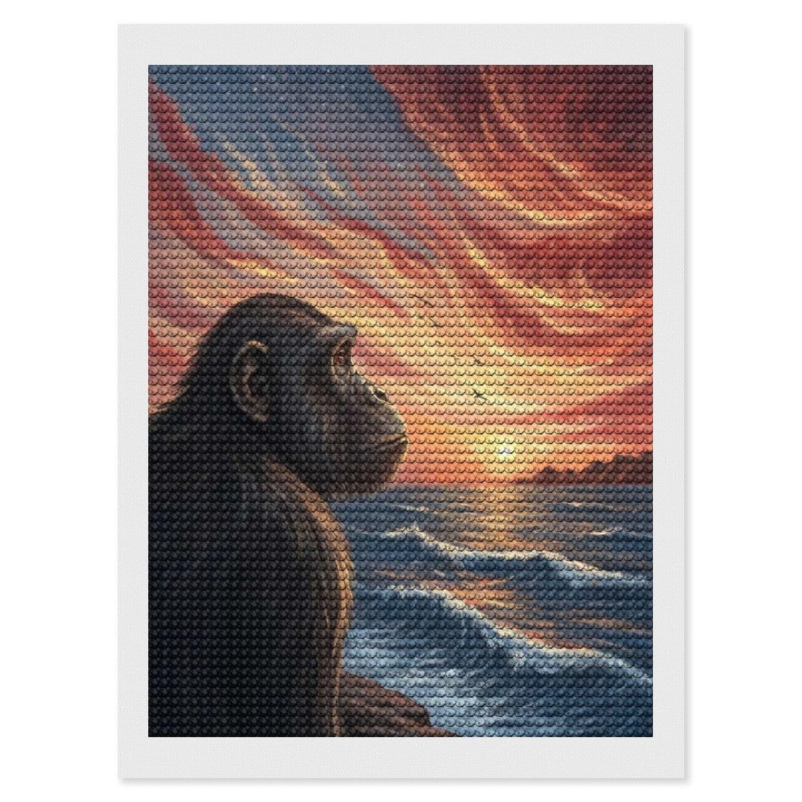 Junmoney Chimpanzee Gazing at Sunset Over Ocean Diamond Painting Canvas Set 12"x16", Boho Decor, for Craft Lovers, Easy Handmade Project, Holiday Gift Idea
