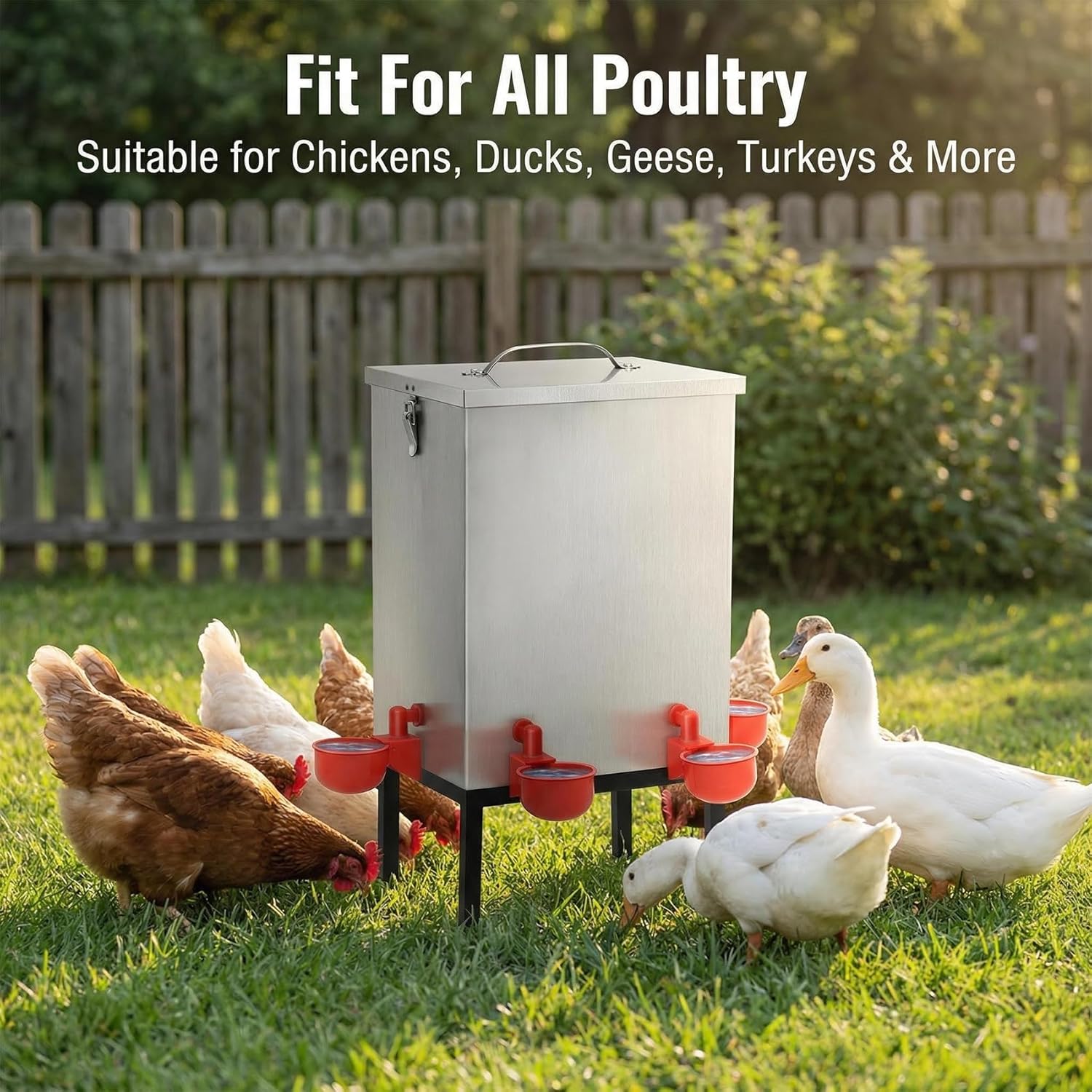 3 Gallon Chicken Waterer with Cups & Nipples, Stainless Steel Poultry Waterer for Backyard Coop, No-Spill, Easy to Clean, Ideal for Chickens, Ducks & Small Farms