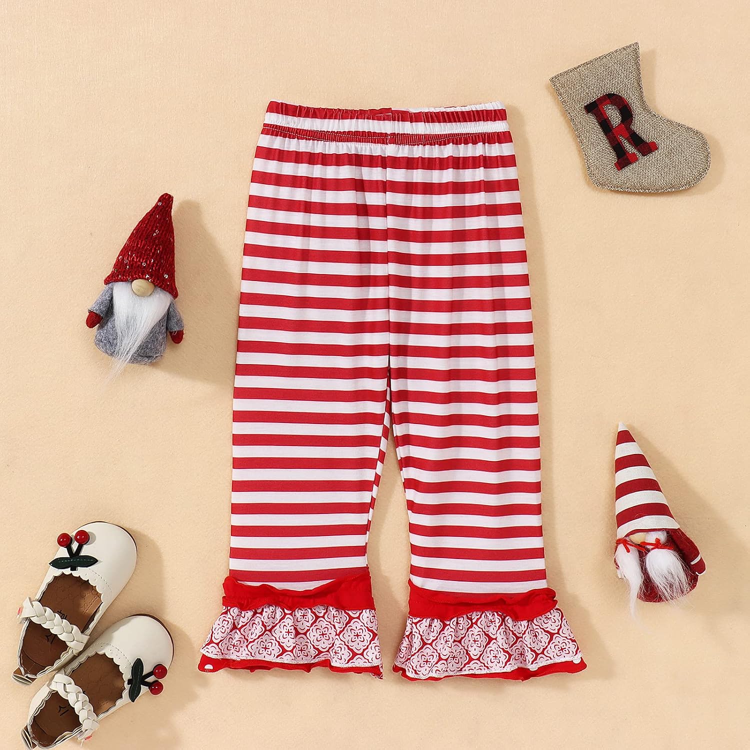 CM C&M WODRO Toddler Baby Girl Christmas Deer Outfit Long Sleeve Ruffle Top Fall Clothes Striped Flare Pants Set
