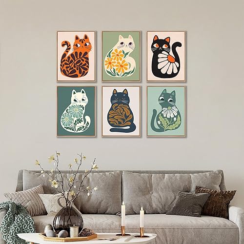 Miniatura 4 de FEOFTIE Arte de pared de gato, póster neutro y bohemio, estampado de plantas, imágenes de animales retro, pósteres verdes, impresión de mediados de