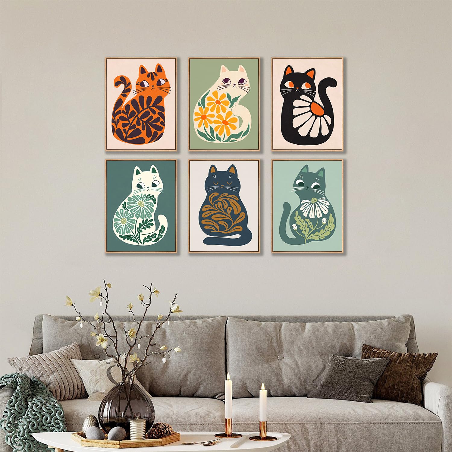 Boho Cats Prints Unframed 12x16 Boho Cats Canvas Wall Art Set - 3 ...