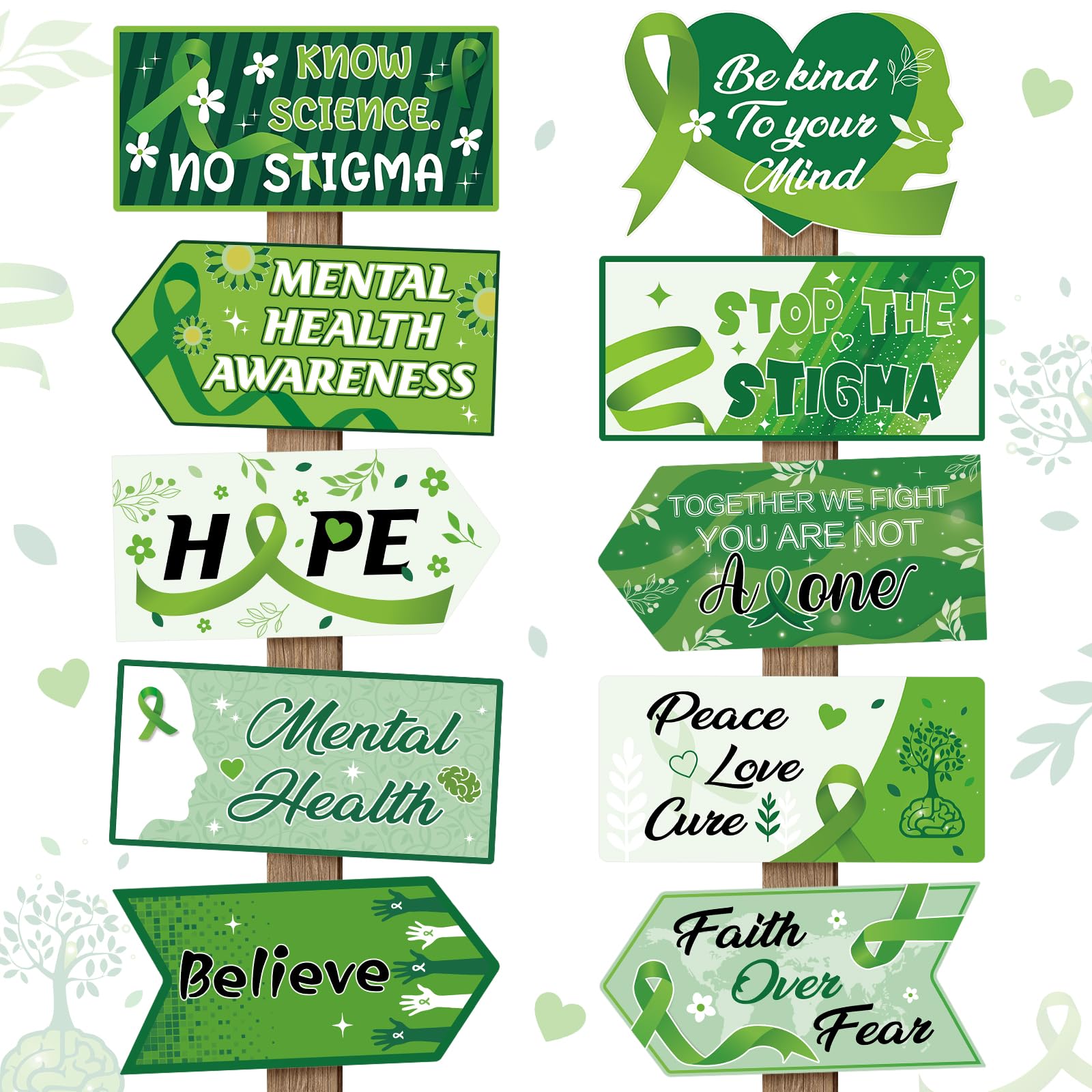 Hooqict 20 Pieces Mental Health Awareness Decorations Signs Motivational Inspirational Green Ribbon Party Directional Sign for Mental Health Awareness Month Therapy Counseling Office Decorations