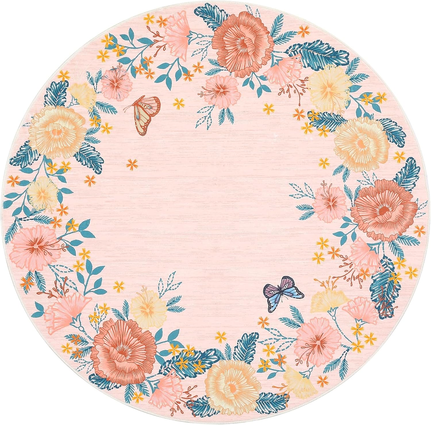 COZYLOOM Washable Round Rug 4ft Modern Bedroom Area Rug Floral Circle Rug Non Slip Throw Rugs Soft Low Pile Stain Resistant Carpet for Living Room Nursery Dorm 4'x4' Pink