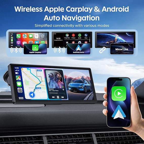 8.88 Wireless Portable Car Play Screen for Apple CarPlay & Android Auto, 4K Dash Cam, 1080p Backup Camera, Loop Recording, Mirror Link, Voice Control, GPS Navigation, Bluetooth, FM/AUX