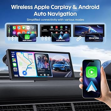 8.88 Wireless Portable Car Play Screen for Apple CarPlay & Android Auto, 4K Dash Cam, 1080p Backup Camera, Loop Recording, Mirror Link, Voice Control, GPS Navigation, Bluetooth, FM/AUX