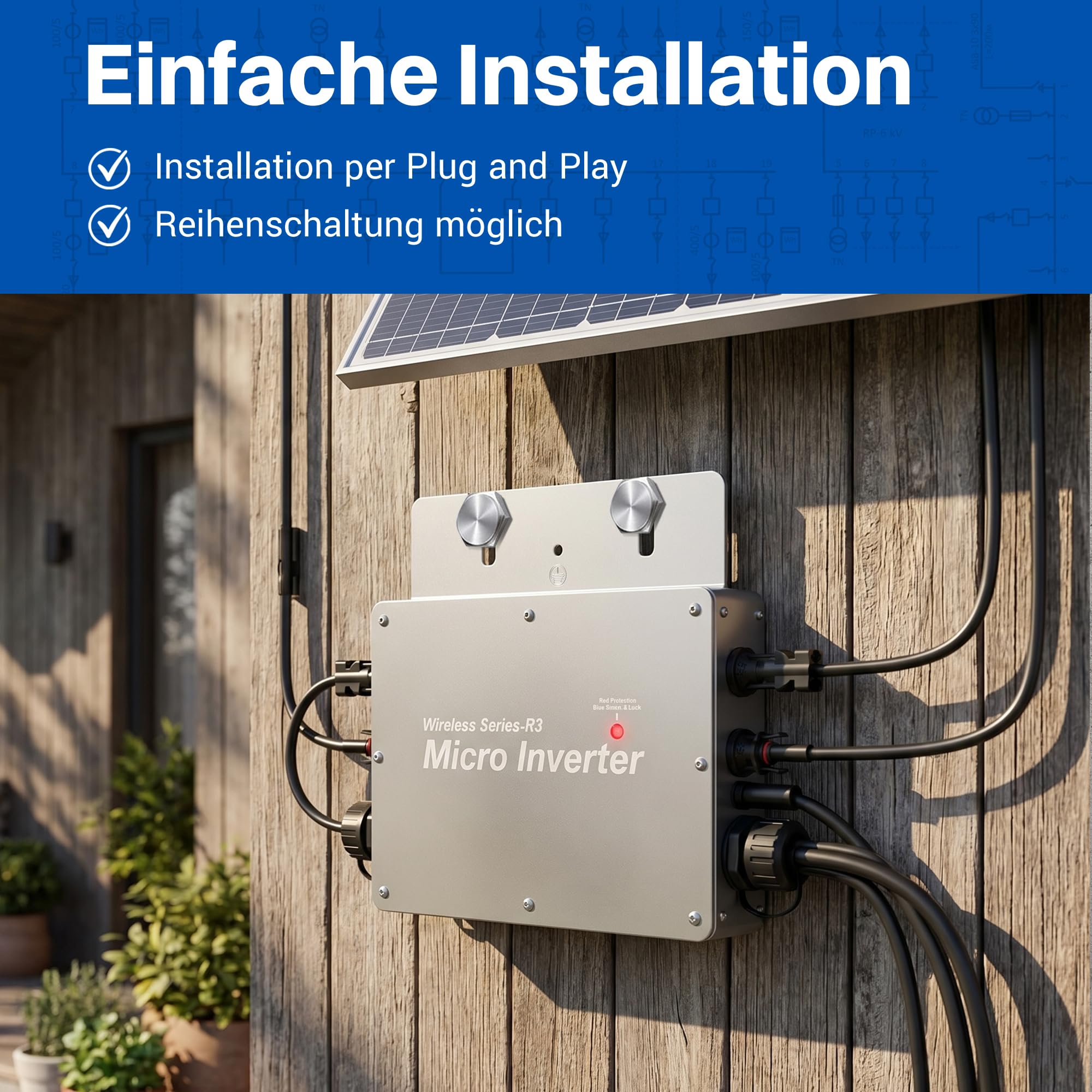 Intratec Mikro Wechselrichter WVC-800W – IP 65 Wechselrichter Balkonkraftwerk MPPT mit WiFi & Cloud-Überwachung für einfache Plug and Play Installation – 283 x 200 x 41,6mm