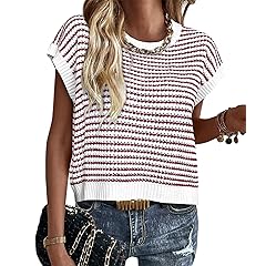PRETTYGARDEN Womens Short Sleeve Sweater Spring Summer 2025 Round Neck Striped Pullover Cap Sleeve Knit Sweater Vest Tops
