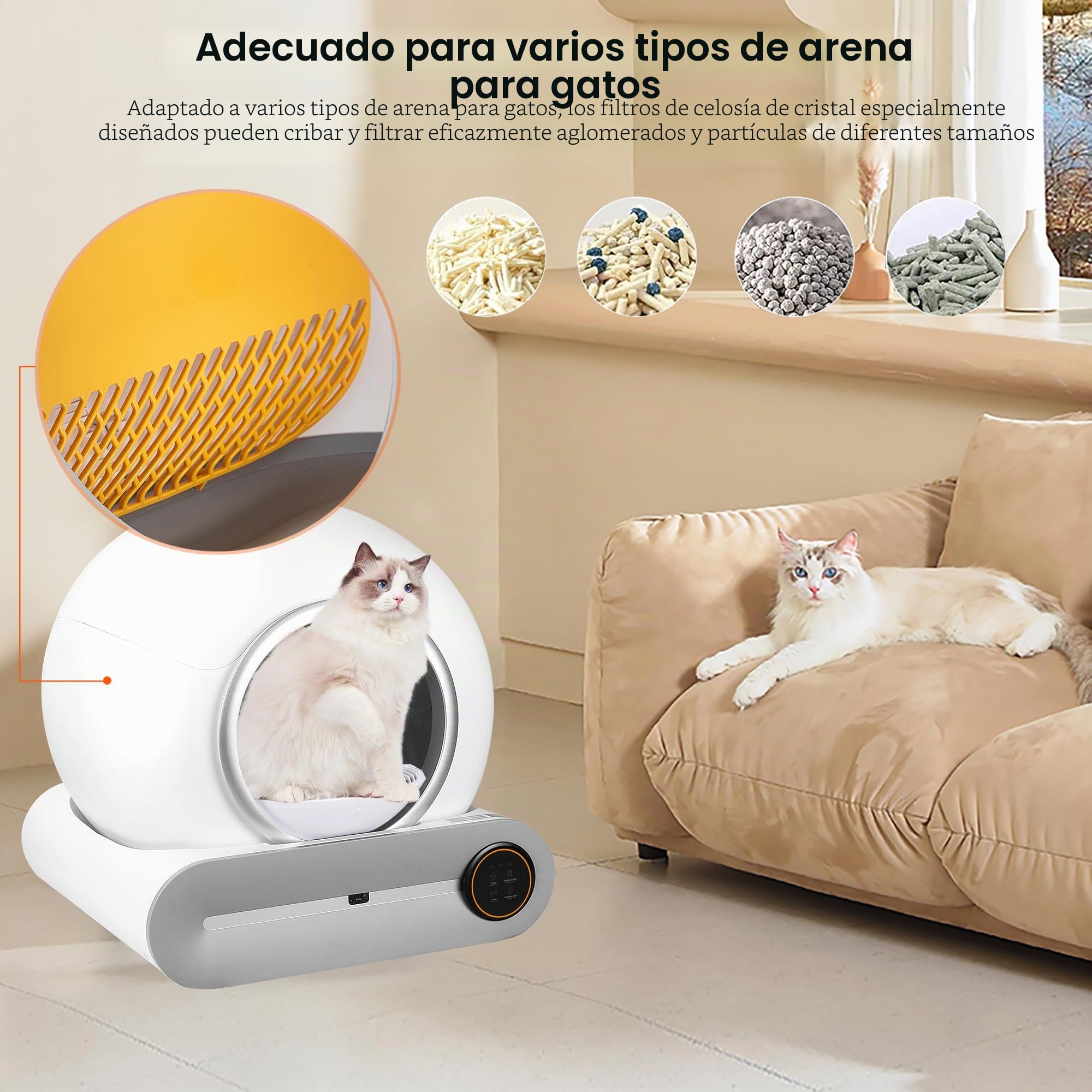 Caja de Arena Autolimpiable para Gatos Con Detector de Infrarrojos y Sensores de Peso, Eliminación de Olores, Gran Capacidad de 65 L + 9