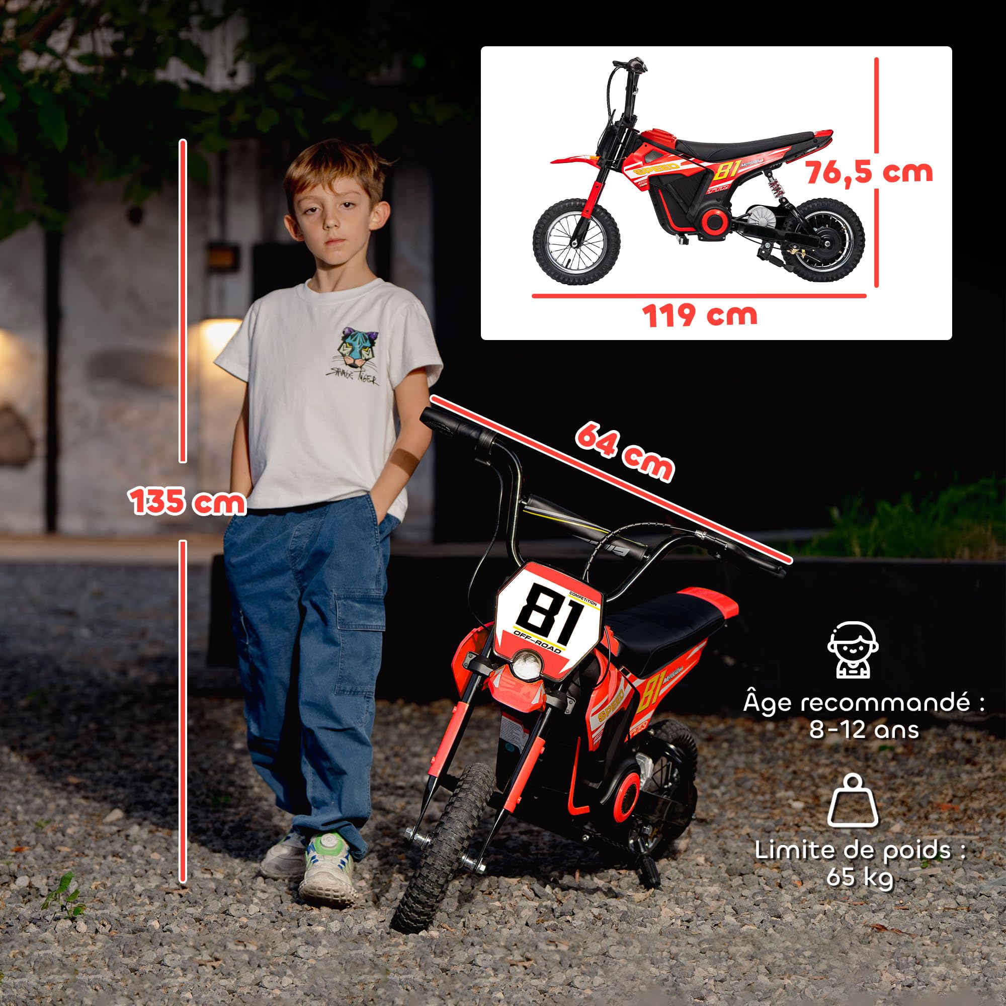 AIYAPLAY Moto Électrique Enfants 24V Moteur 250W 6-16 km/h 8-12 Ans Rouge