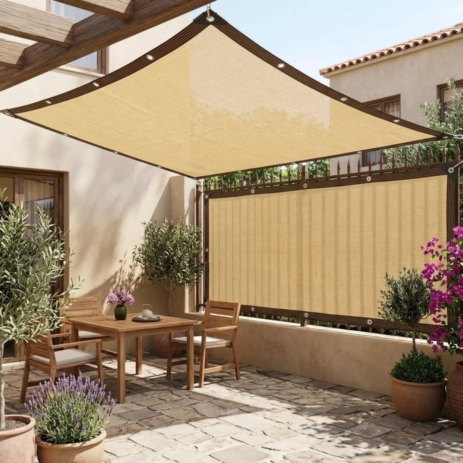 Beige Garden Shade Cloth 90% Sun Block, Breathable Outdoor Shade Cover with Eyelets Every 50cm, Reinforced Corners and 6-Thread Edging for Pergola, Patio and Fence(5X10M)