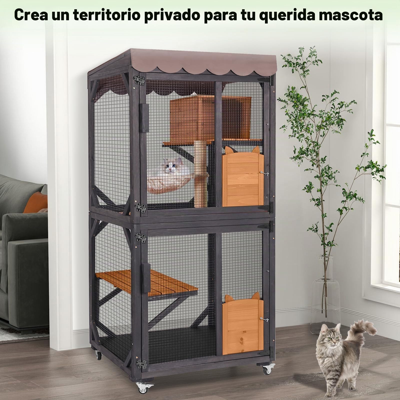 Seiyierr Catio - Jaula para gatos de 168 cm de altura, grande sobre ruedas, techo impermeable, estilo cangrejo y hamaca, jaula para gatos al aire libre, capa de PVC (marrón)