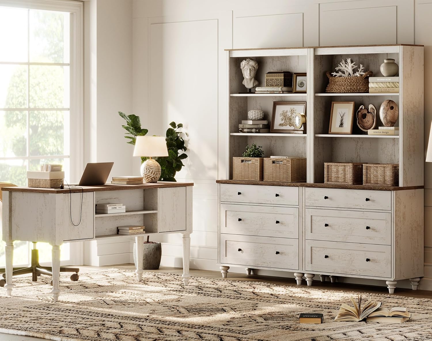 WAMPAT Home Office Furniture Set, 56" Executive Desk with Charging Station, 72" Tall Bookcase with 6 Drawers Dresser, Wood Computer Desk with File Cabinet Storage, Open Shelf, Rustic White