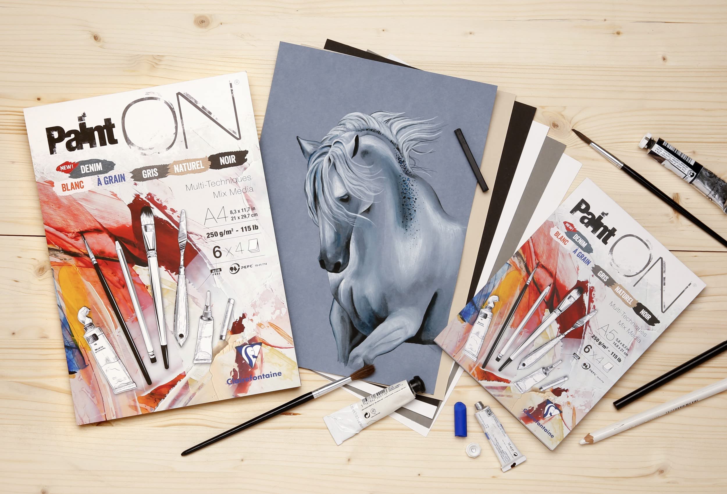 Clairefontaine 975410C - Blocco di Carta da disegno PaintOn 24 Fogli 21x29,7 cm 250g colori assortiti (4 Fogli Bianco, bianco a grano, grigio, naturale, nero e denim) - Pacco di 4 taccuini