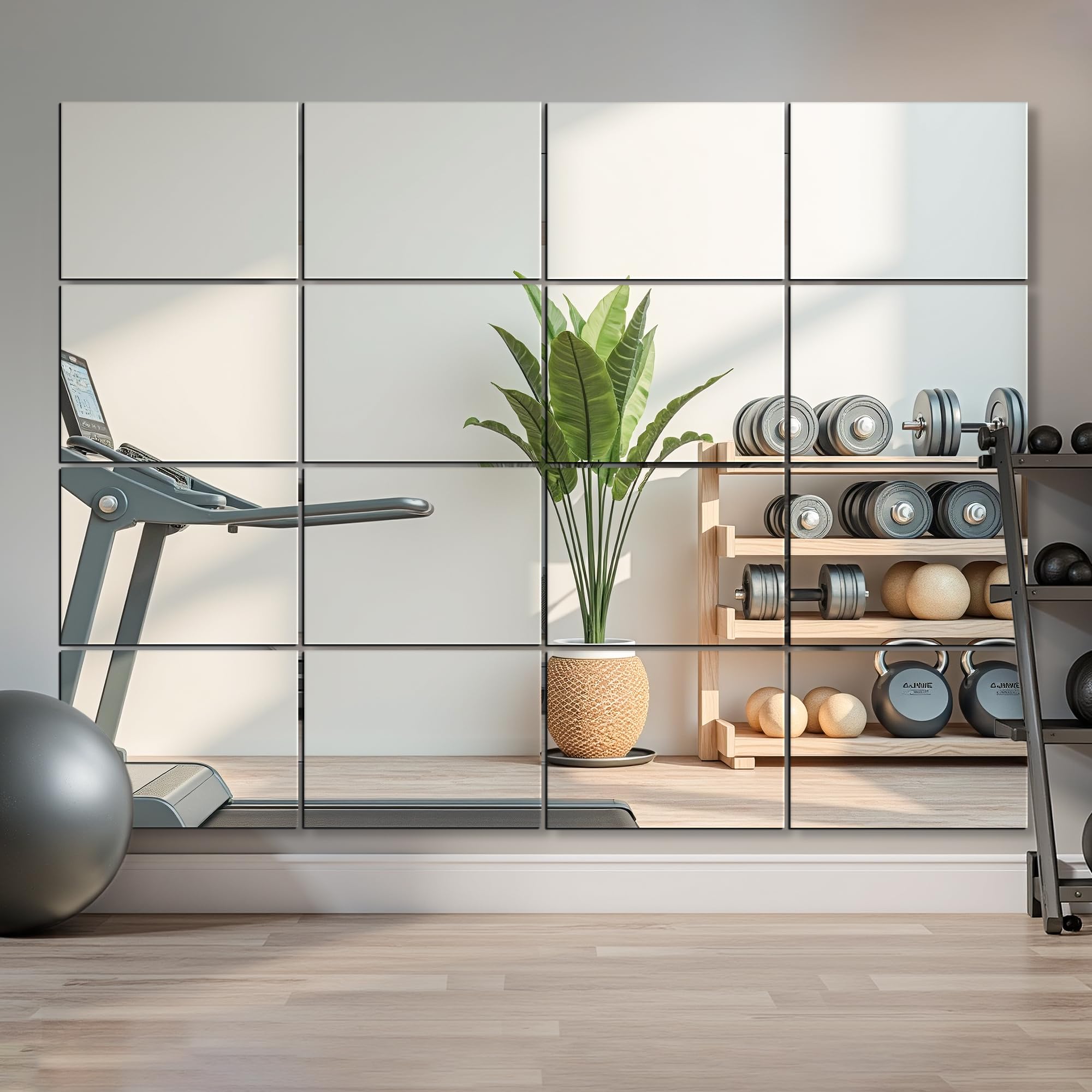 Azulejos de espejo de gimnasio en casa, espejos grandes de entrenamiento para gimnasio en casa, espejo cuadrado (vidrio, 16 x 12 pulgadas, 16 piezas), espejo grande de cuerpo completo para gimnasio,