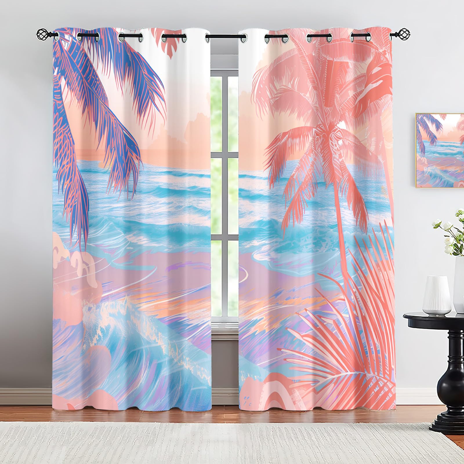 HYGIUID Palm Tree Farmhouse Curtains, Fantasy Tropical Beach Black out Curtains for Bedroom Windows for Hotel Home Decor, 55.1"(140CM) x 90.2"(299CM), 2 Panels