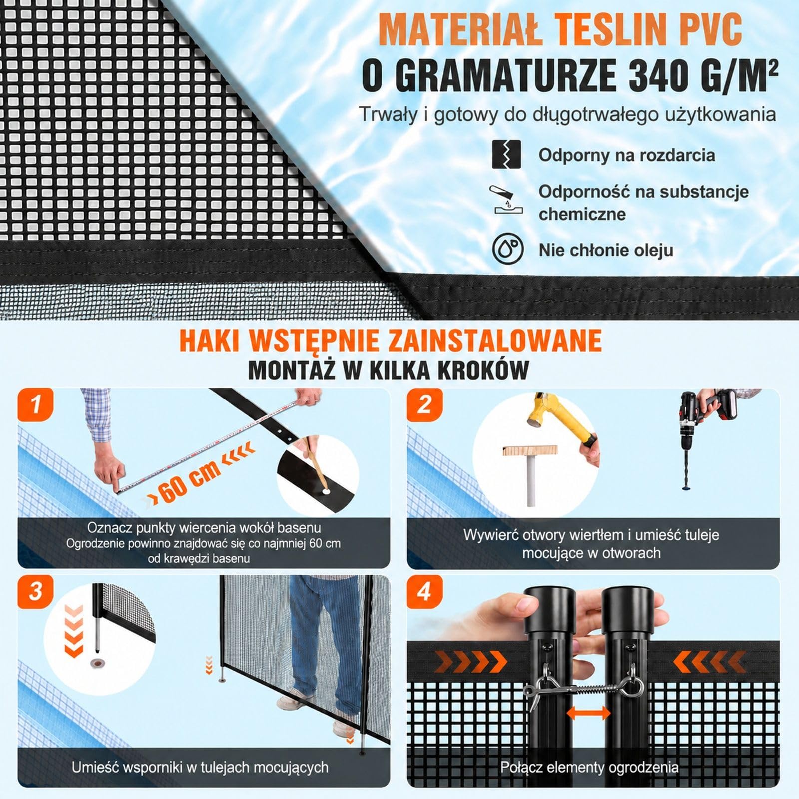 Zdejmowane ogrodzenie basenowe, siatka PVC Teslin z aluminiowymi słupkami, montaż DIY do użytku zewnętrznego w gruncie
