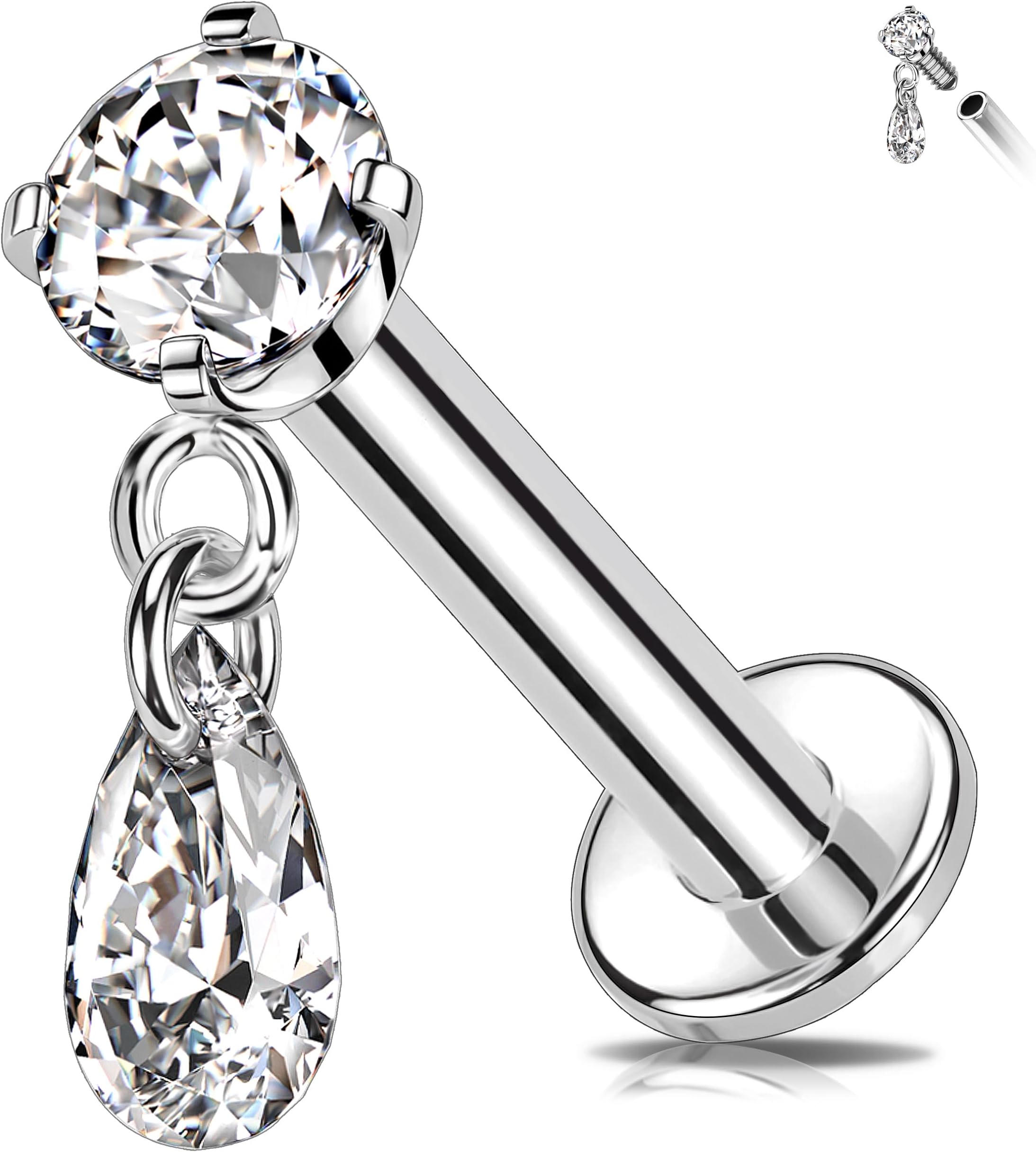 CZ Cartilage Earring Titanium Helix Earring Internally Threaded Flat Back Earring Dangle Tragus Stud Labret Piercing Jewellery