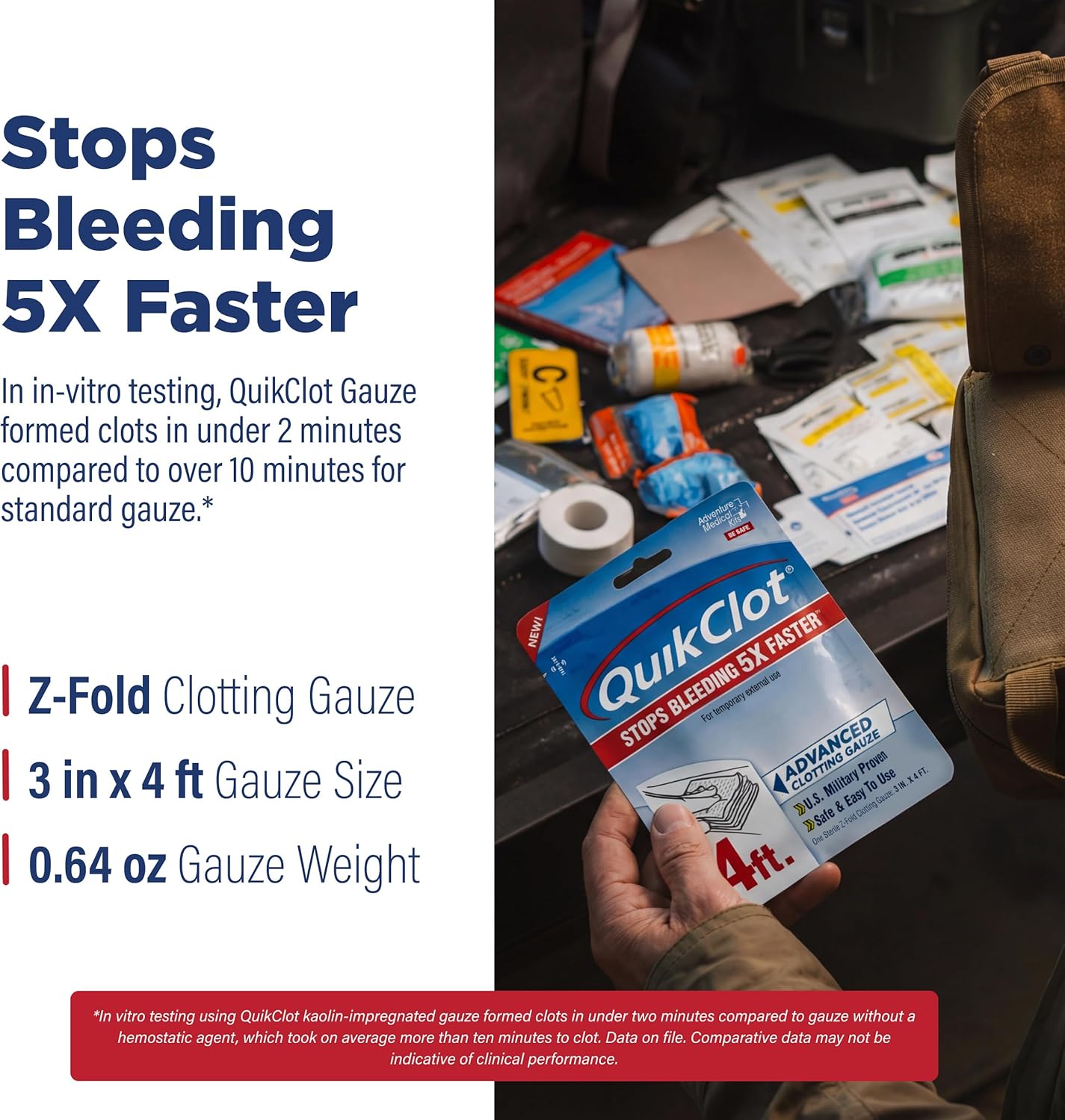 Adventure Medical Kits QuikClot Advanced Clotting Gauze - Stops Bleeding Up to 5X Faster Than Standard Gauze - Kaolin Hemostatic Dressing - for First Aid Kits & Survival Gear - 3 x 48