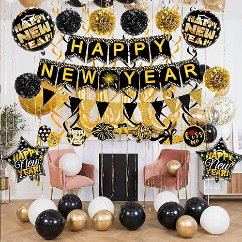 Miniatura 5 de Famoby Cartel de papel con texto en inglés Happy New Year con forma de triángulo, pompones y espirales para decoración de fiesta de Año Nuevo