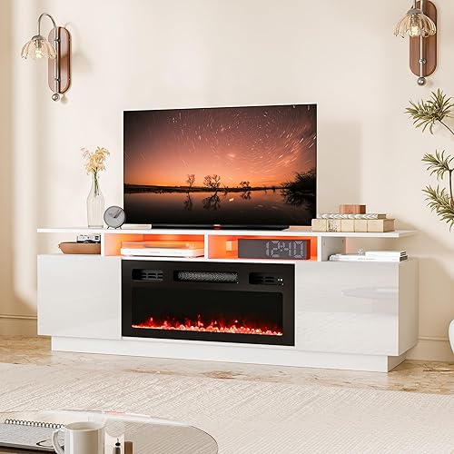 Cozy Castle Fireplace TV Stand for 65 70 75 Inch TV,LED Tv Console Entertainment Center with Storage,30" Electric Fireplace,High Gloss Modern Tv Stand with Charging Station for Living Room,White