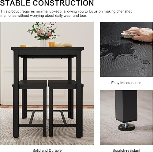 Miniatura 3 de Juego de mesa de comedor para 4, mesa de cocina con 2 bancos, muebles de comedor de madera de 3 piezas, juegos de sillas de comedor para rincón de