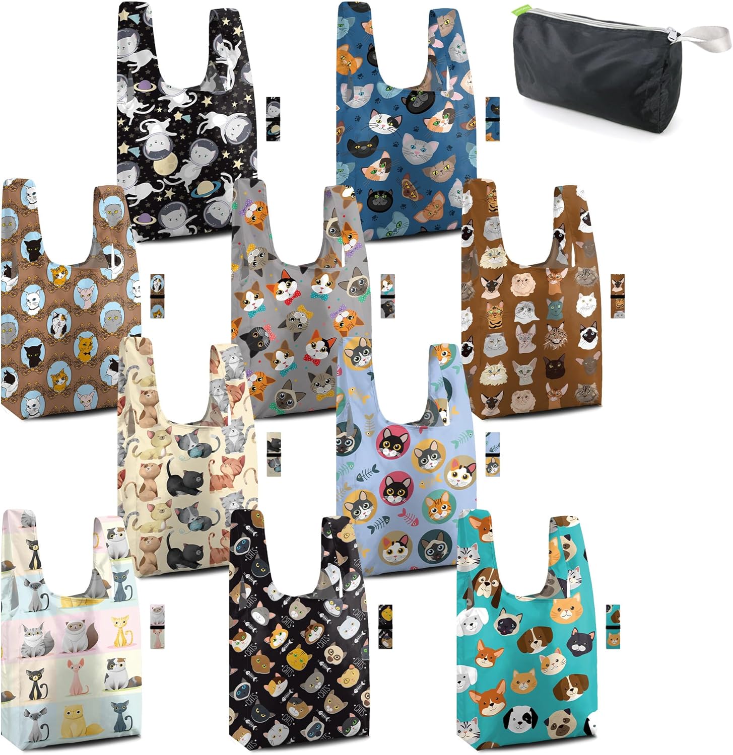 BeeGreen Reusable Grocery Bags Bulk Gifts 10-Pack – Large Tote with Zipper Pouch | Foldable & Washable Polyester Shopping Bags Heavy Duty Animal Lover Gifts Reusable Bag With Handles