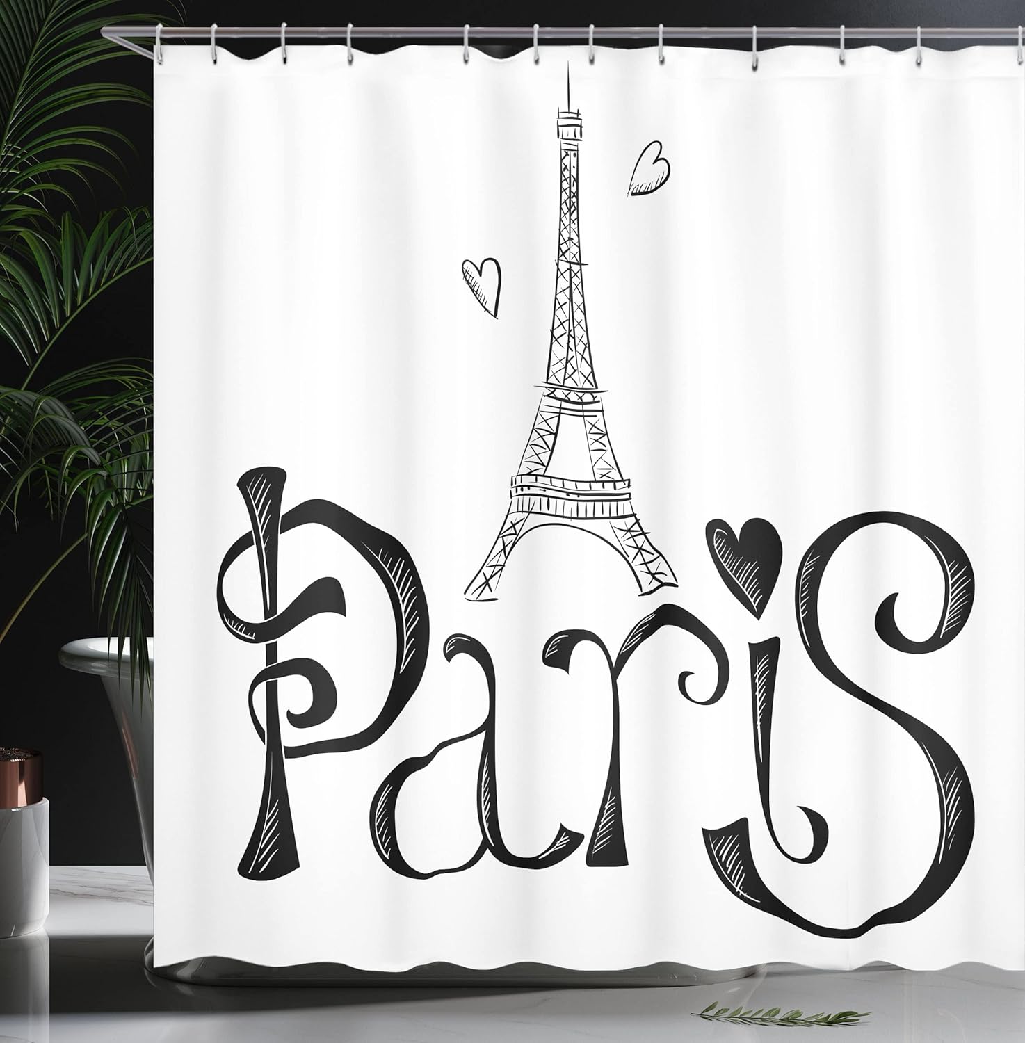 Ambesonne Paris Shower Curtain, Illustration with Eiffel Tower France Heart Shapes Silhouette Vacation Theme Art, Cloth Fabric Bathroom Decor Set with Hooks, 69" W x 84" L, White Black