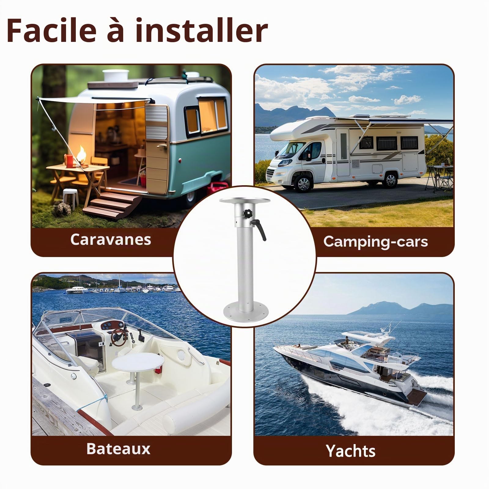 Socle de table réglable avec poignée économe en main-d'œuvre, réglable de 455 à 740 mm, kit de base de table en alliage d'aluminium rotatif à 360 degrés pour camping-car, caravane, bateau, yacht