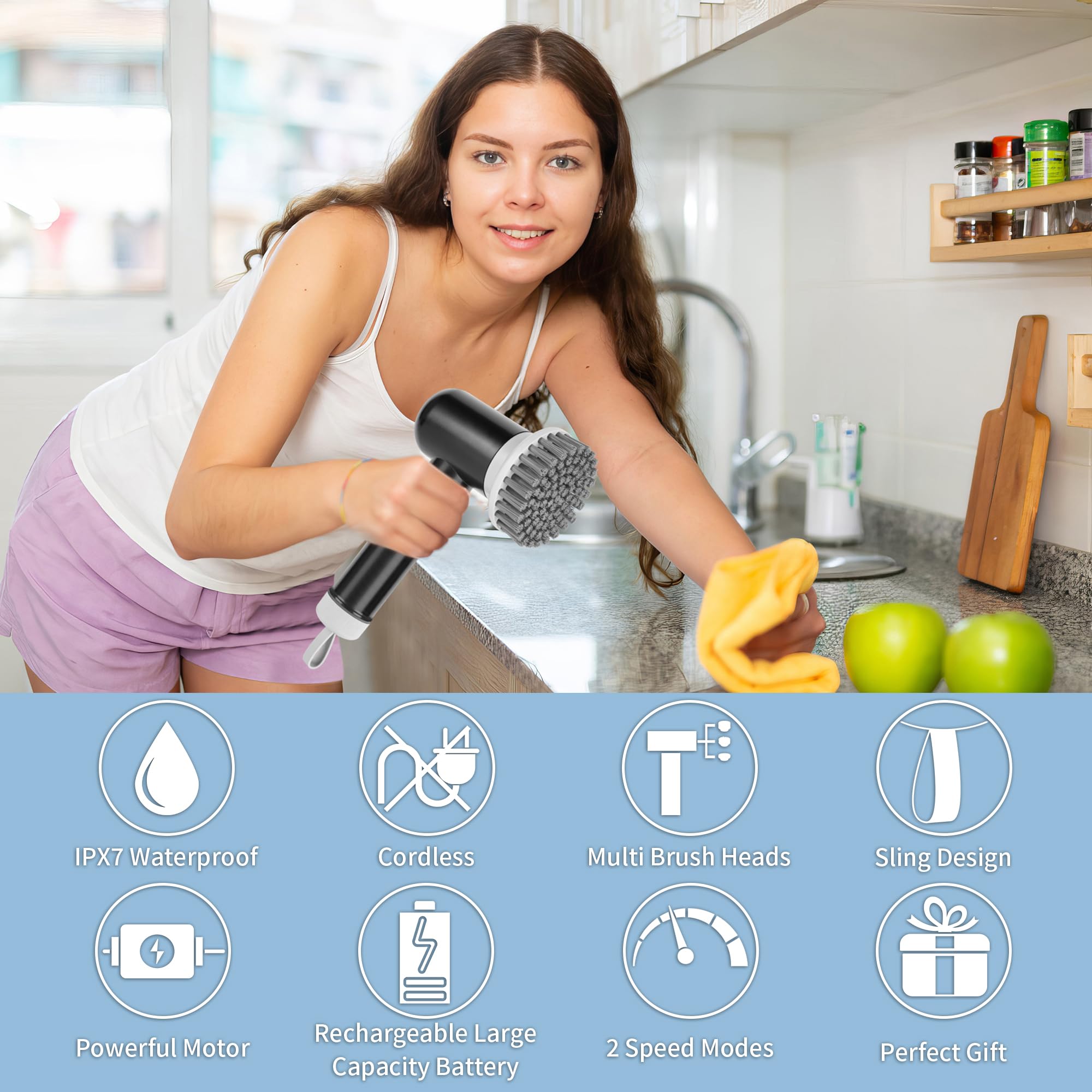 Limpiador eléctrico giratorio, limpiador de ducha inalámbrico con 3 cepillos reemplazables, limpiador eléctrico impermeable para limpiar baño, cocina, piso, limpiador eléctrico recargable para 7