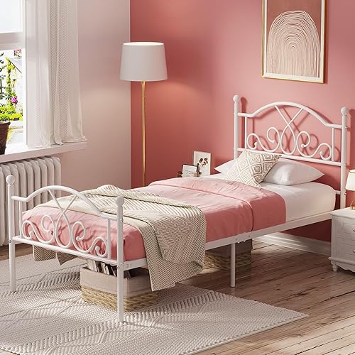 Miniatura 12 de Weehom Marco de cama individual, marcos de cama de metal modernos de tamaño individual para niños y niñas, no necesita somier, base de cama