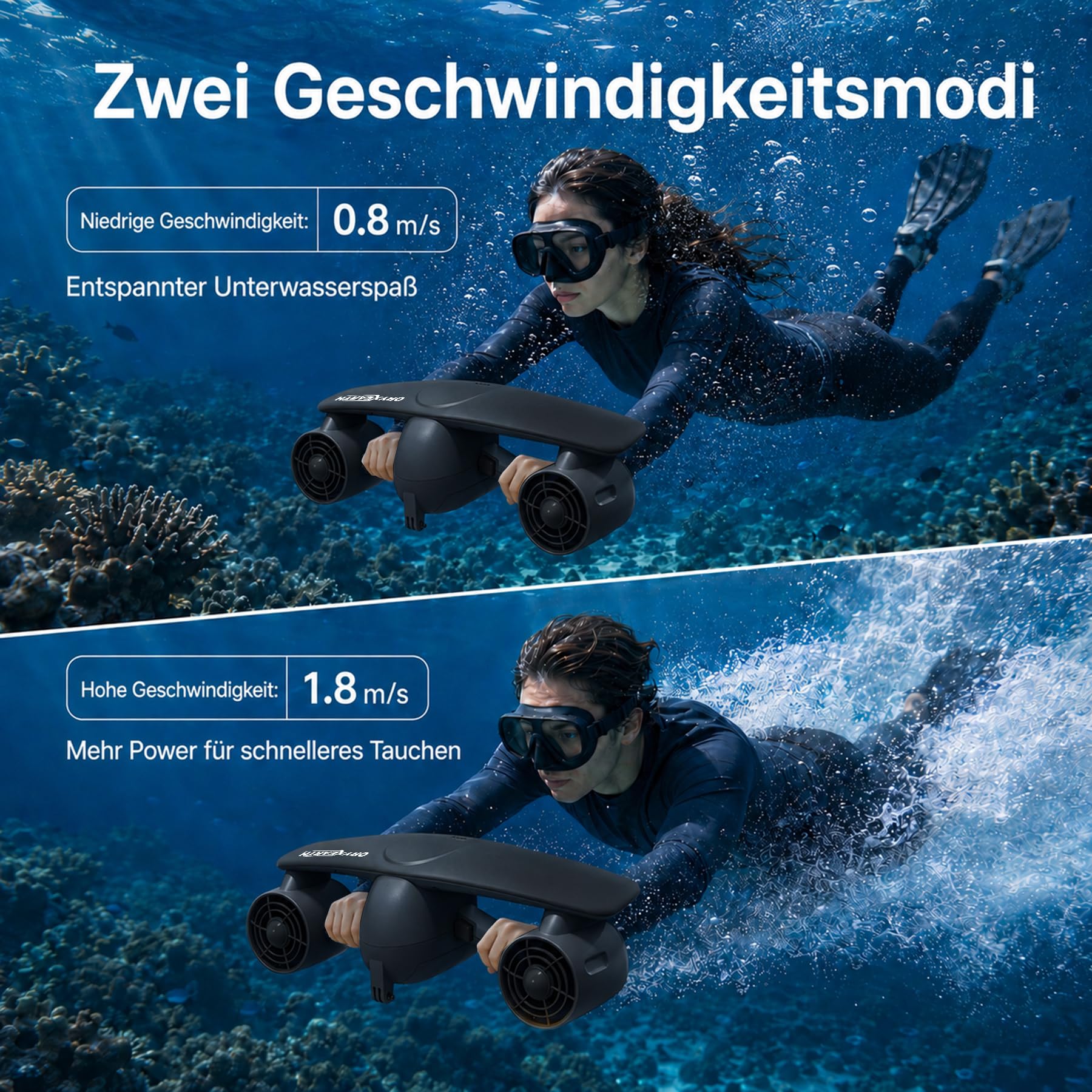 Oryxearth Doble Motor Scooter Submarino, 50 m, profundidad, 2 velocidades ajustables, soporte para cámara de acción, alerta de batería baja, scooter marino impermeable con seguridad infantil para