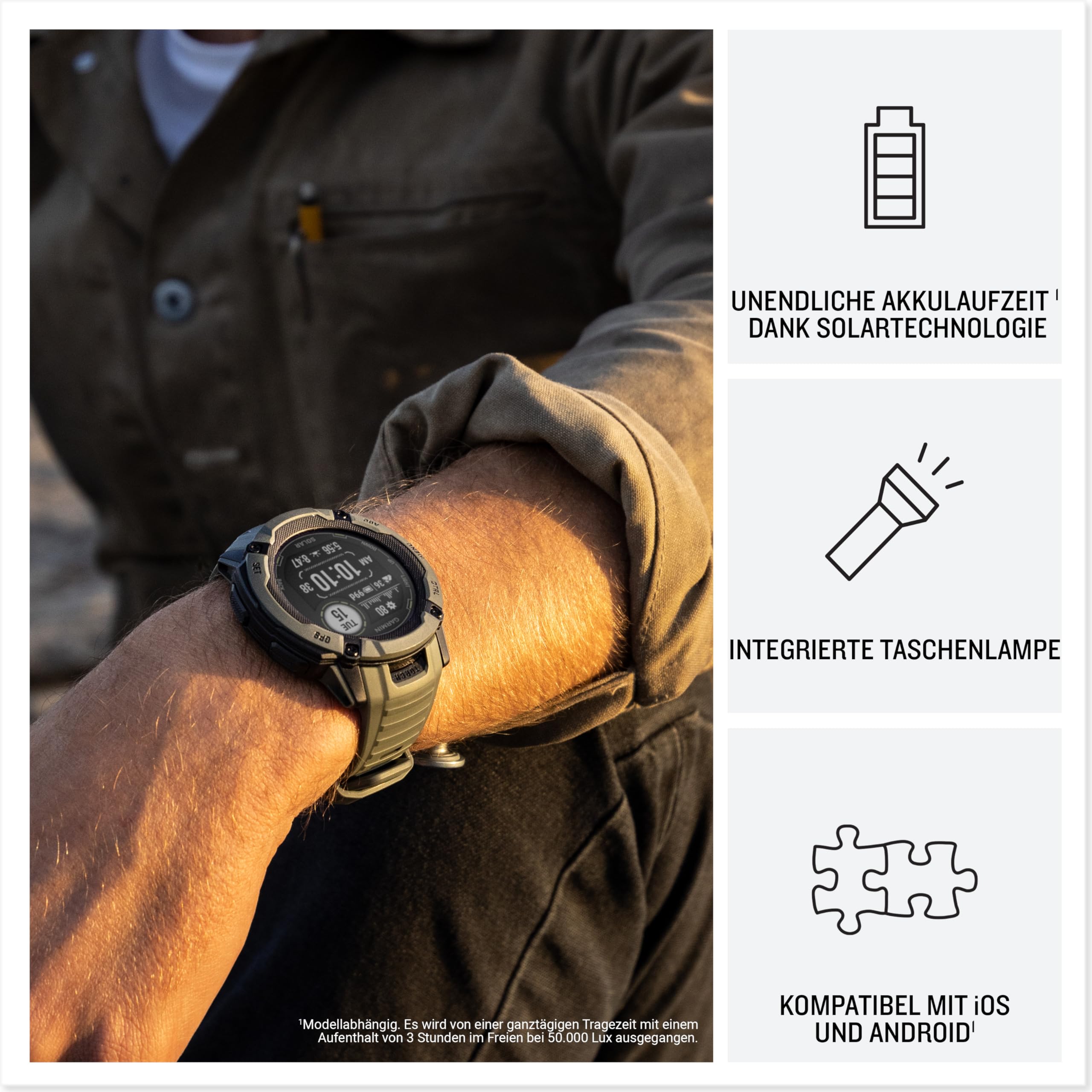 Garmin Instinct 2X Solar Tactical 50mm - GPS-Smartwatch mit unendlicher Akkulaufzeit im Smartwatch-Modus, 40+ Sport-Apps, Smart Notifications, Pay, Trainingszustand, Fitnessalter, Schlafanalyse UVM