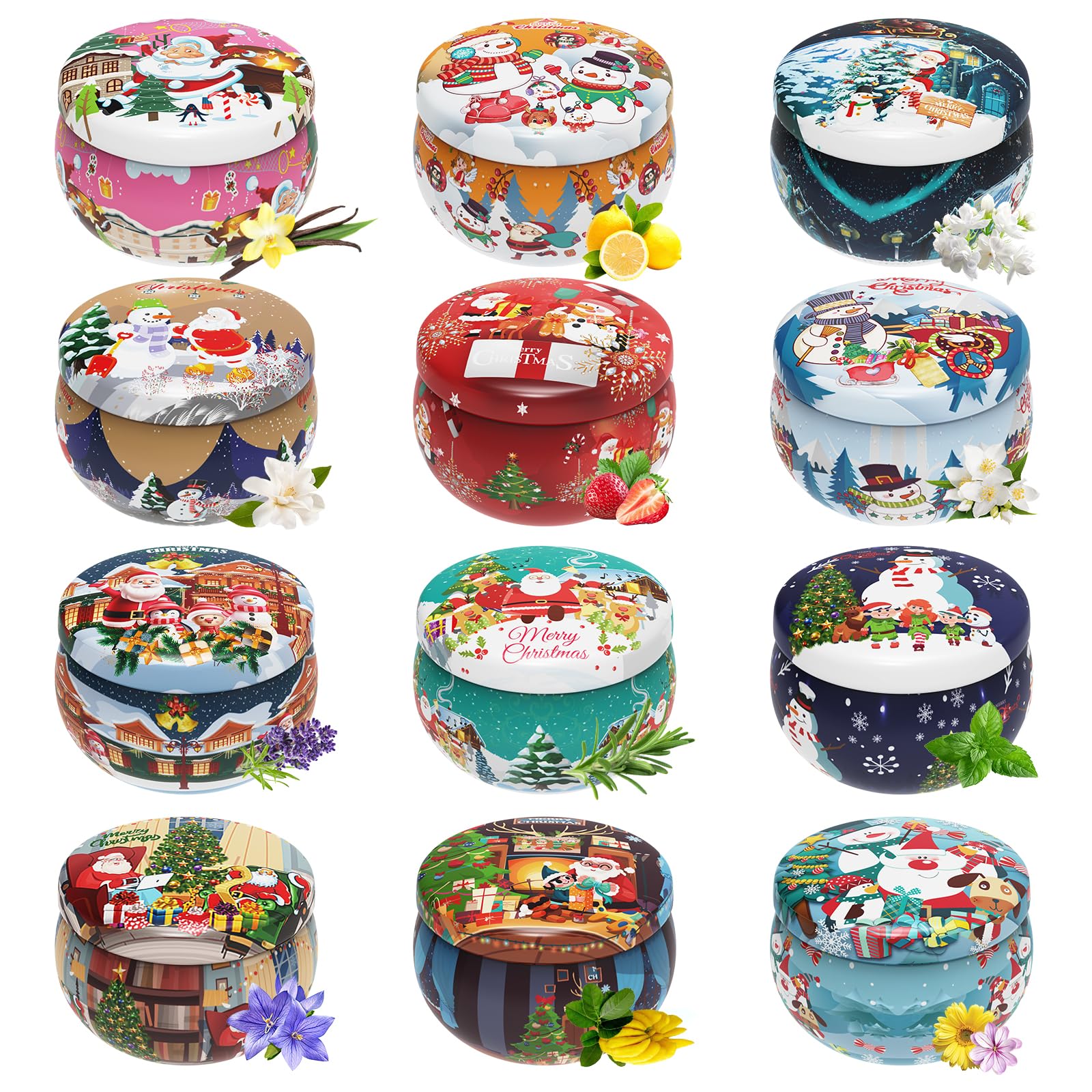 Primevolve Lot de 12 bougies de Noël parfumées pour femme, aromathérapie à la maison, parfum fort, longue durée, boîte de voyage portable pour spa, bain, yoga