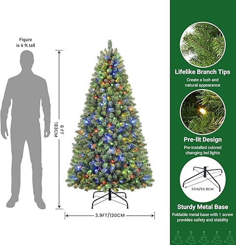 Miniatura 2 de SHareconn Prelit - Árbol de Navidad artificial con bisagras de 6 pies con 330 luces blancas cálidas y multicolores, puntas de ramas 1018 y soporte
