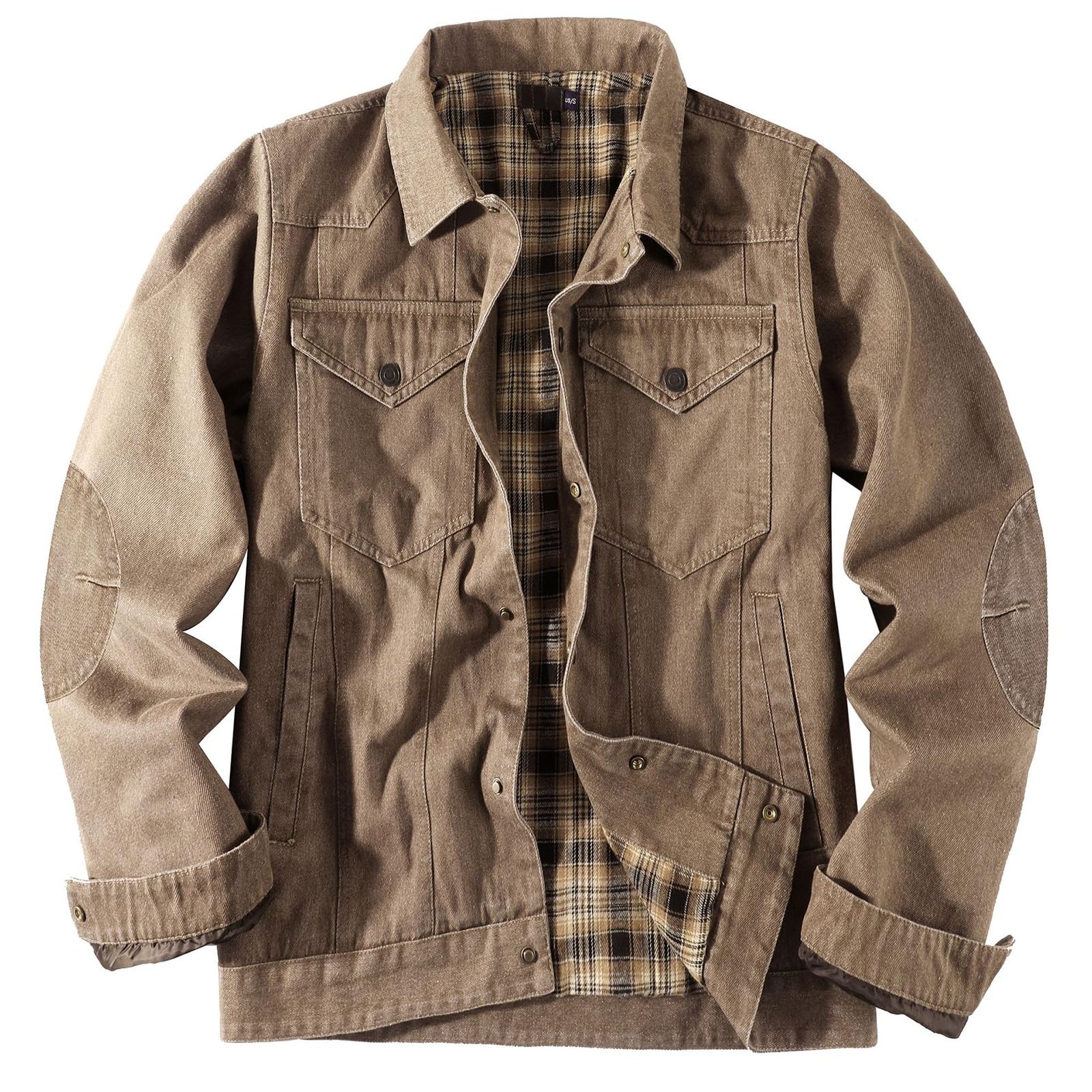 Męska Kurtka Dżinsowa w Kratę z Podszewką Snap Cowboy-Cut Western Classic Slim Fit Vintage Jacket Trucker Coat Brązowa Kurtka Dżinsowa Męska Kurtka z Odkrytymi Klapami z Przodu