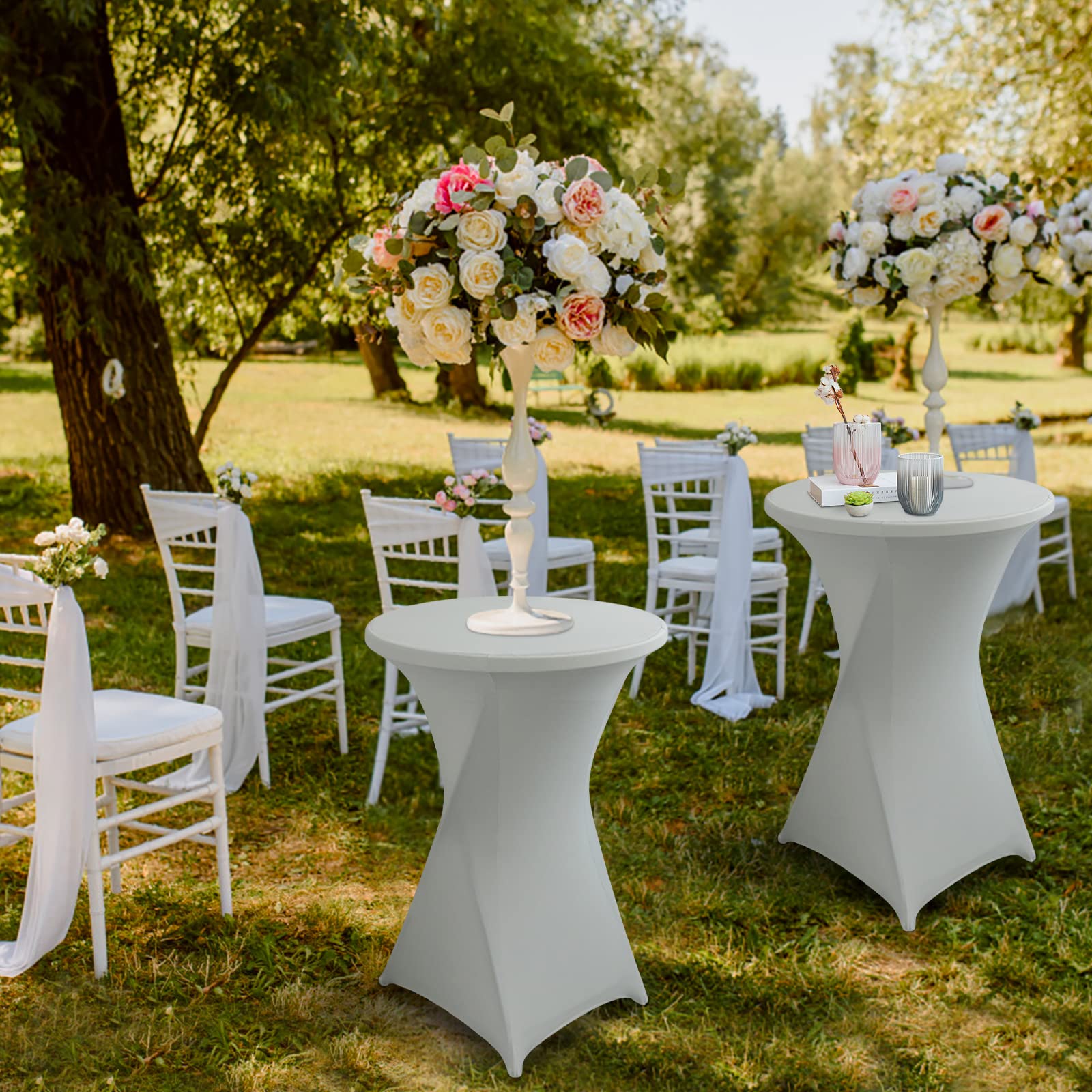 Zestaw 2 pokrowców na stoły koktajlowe, Ø 80-85 cm, wysokiej jakości pokrowce na stół bistro, stoły koktajlowe, eleganckie pokrowce ze stretchem na przyjęcie ogrodowe, wesele, chrzest, kolor szary