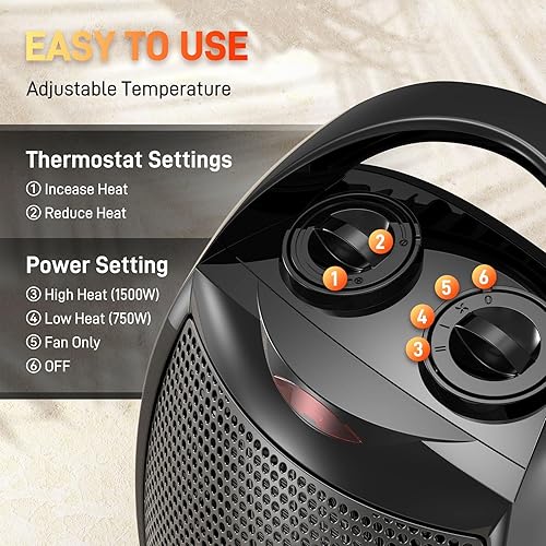 Miniatura 4 de Rintuf Calentador de espacio pequeño, calentador eléctrico de 1500 W, calentador de cerámica de calentamiento rápido PTC con 3 modos, termostato